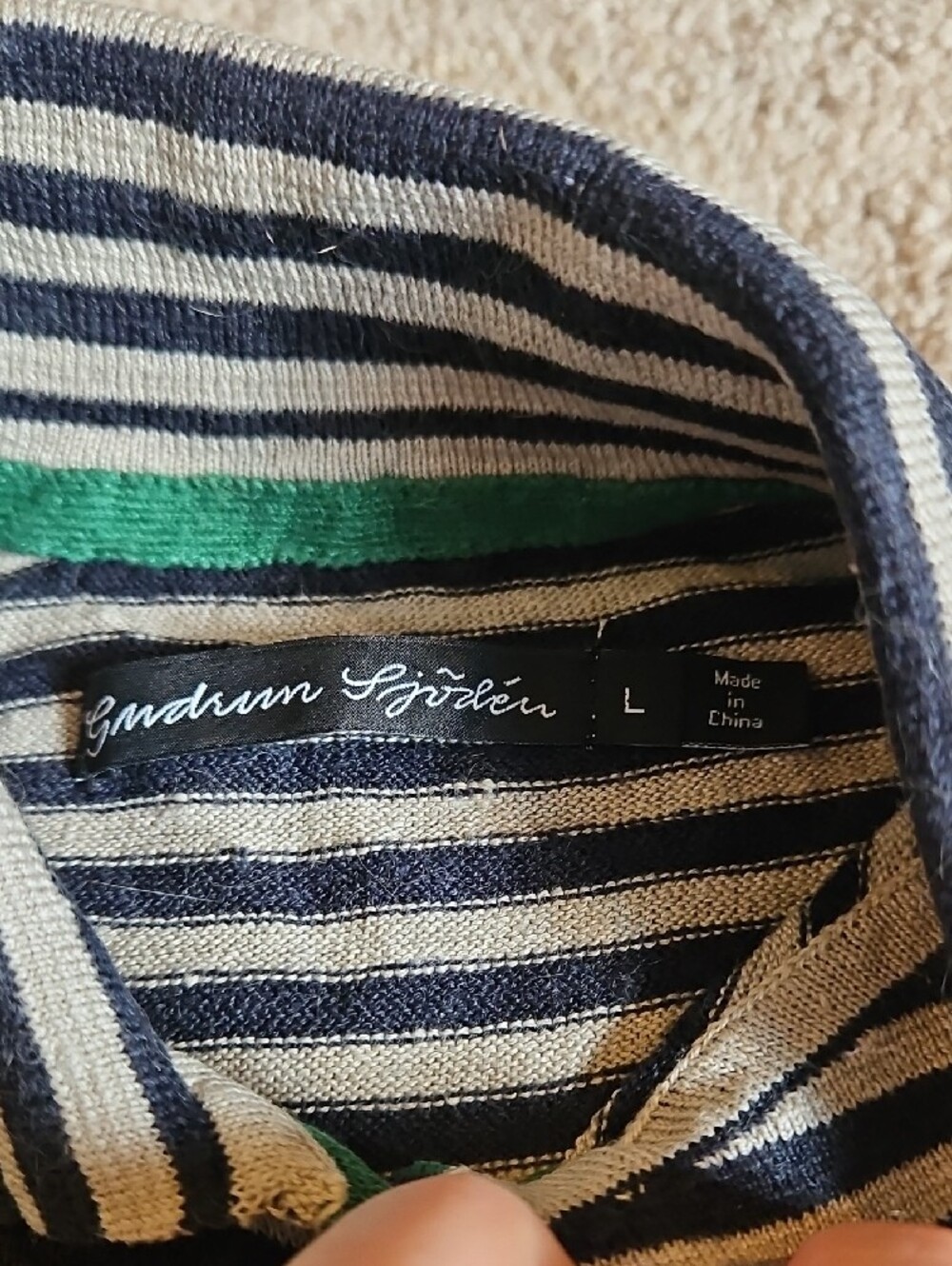 Gudrun Sjoden Navy and Oatmeal Striped Cotton Cardigan with Green Trim - Picture 2 of 13